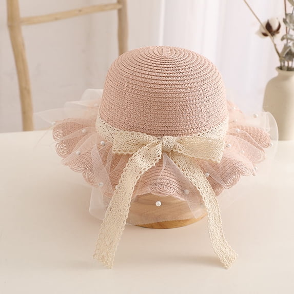 Girls Straw Sun Hat Cute Summer Wide Brim Sun Protection Beach Hat (Pink One Size)