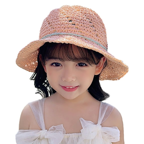 Girls Straw-Sun-Hat Summer-Beach Floppy-Hat - Kids Wide Brim Travel Sun Visor Hat for Girls 4 to 10 Years - Pink