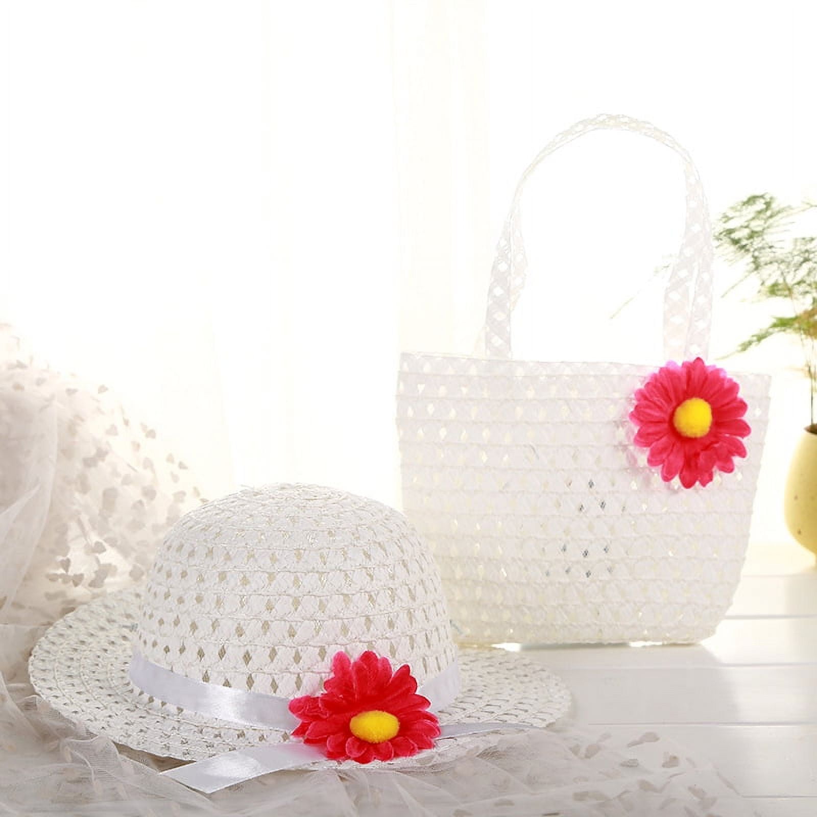 Girls Straw Sun Hat and Purse Sets Kids Child Birthdays Easter Party