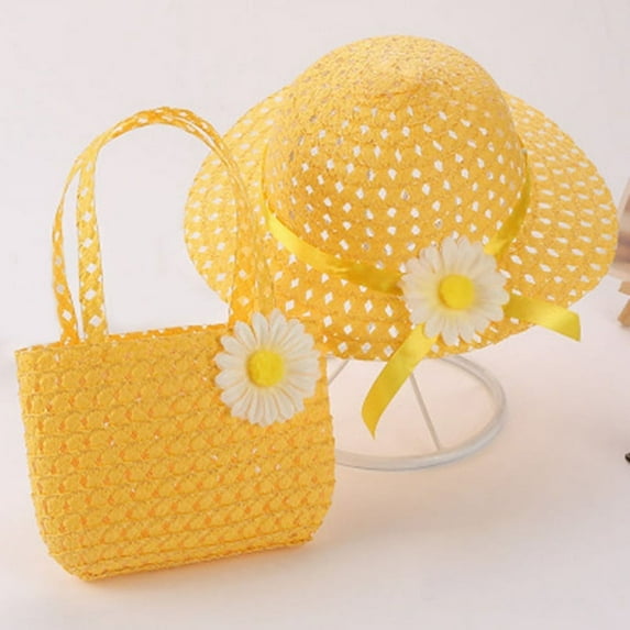 Girls Straw Sun Hat and Purse Sets Kids Child Birthdays Easter Party Summer Beach Cap Travel Gift