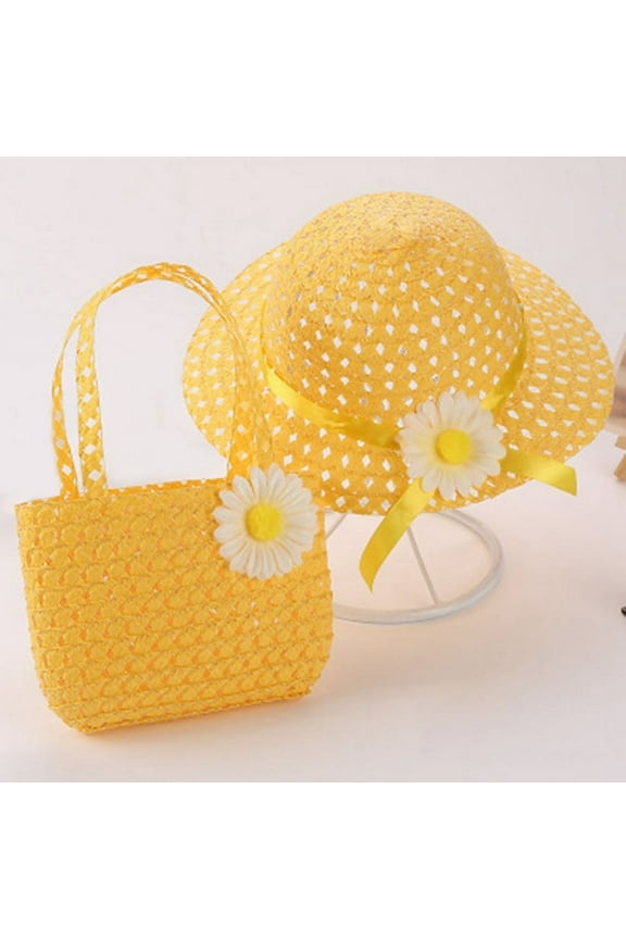 Girls Straw Sun Hat and Purse Sets Kids Child Birthdays Easter Party Summer Beach Cap Travel Gift