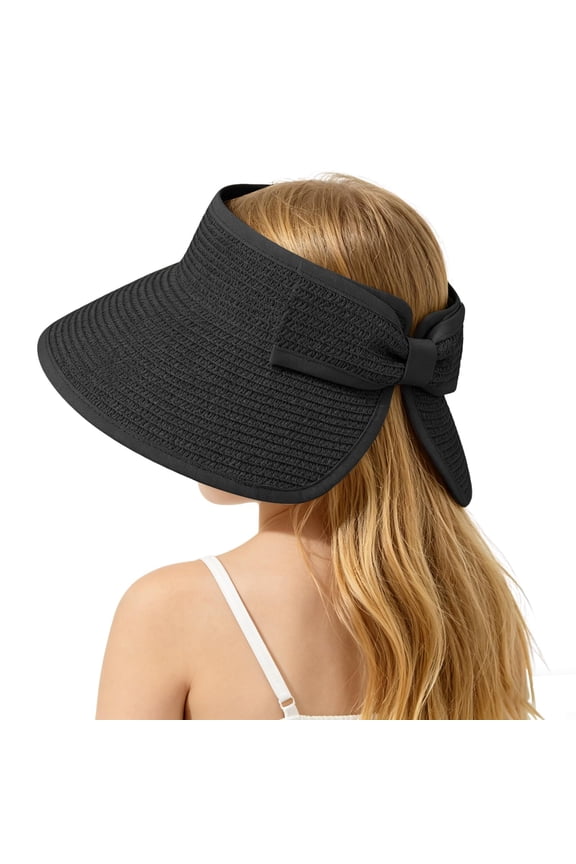 Girls Straw Sun Visor Hat – Wide Brim Ponytail Beach Hat with Bow, Foldable Packable Roll-Up for Kids Summer Travel