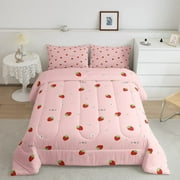 Girls Strawberry Comforter Set Twin Kawaii Strawberry Comforter for Kids Japanese Style Pink Cute Cartoon Fruit Food Theme Bedding Set Girly White Floral Down Comforter Reversible Soft Lightweight
