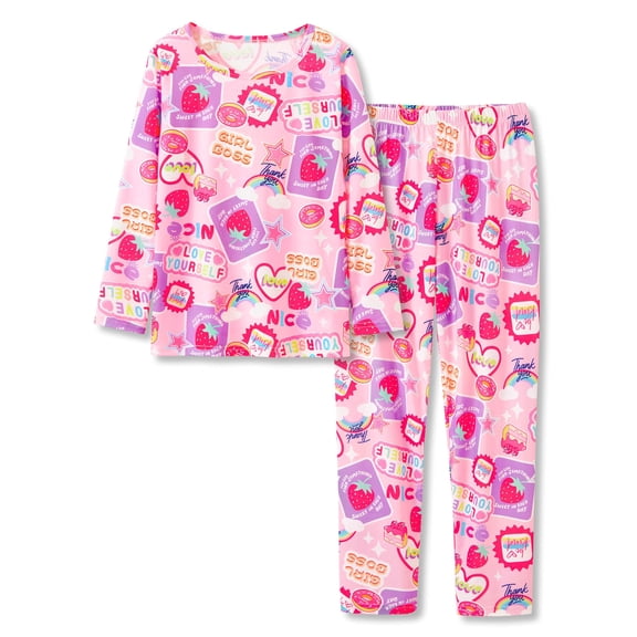 Beezizac Girls Strawberry Patchwork Pajamas 2-Piece Long Sleeve & Pants PJ Set Cute Winter Jammies Size 6