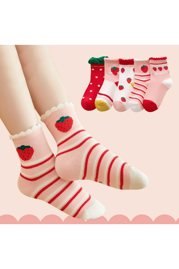 Girls' Strawberry Ruffle Ankle Socks - 5-Pack Breathable Mesh Socks for Toddlers & Kids - All-Season Daily Wear