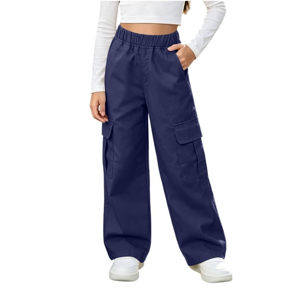 Girls Stretch Cargo Pants Baggy Casual Wide Leg Elastic Waist Kids Hiking Pants Navy 6