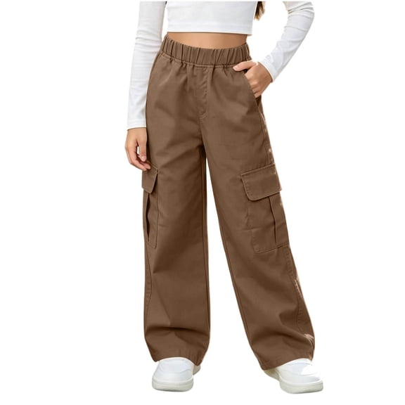 Girls Stretch Cargo Pants Elastic Waist Wide Leg Casual Baggy Kids Hiking Pants Brown 8