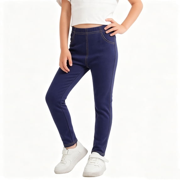 Girls Stretch Jeans Leggings Elastic Waist Slim Fit Skinny Long Pants with Pockets Comfort Casual Denim Pants Navy 3-4 Years