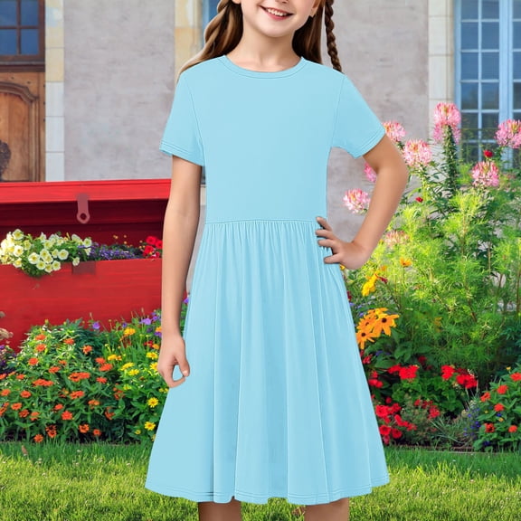 Girls' Stretchy A-Line Short Sleeve Dress for Toddlers and Kids - Soft Casual Twirly Dress for Daily Wear and Parties
