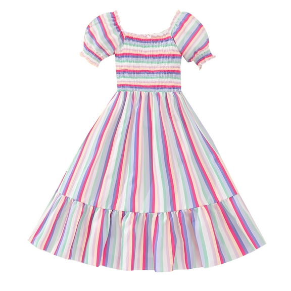 Girls Stripe Dress Boho Ruffle Sleeve Pleated Casual Swing Dresses for Kid 8-12 Year