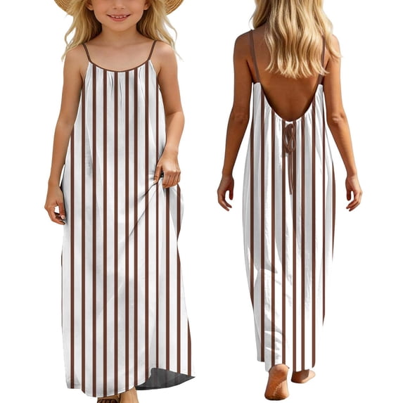 Girls' Stripe Print Drawstring Waist Loose Fit Long Dress for Special Occasions and Casual Wear