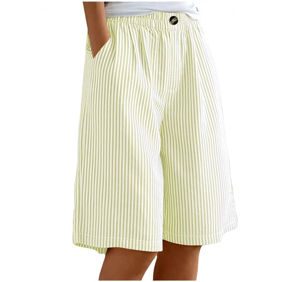 Girls Striped Bermuda Shorts, Cotton Linen Pocket Bermuda Knee Length Shorts, Comfy Daily Outer Bottoms for Youth Kids 4-14 Years
