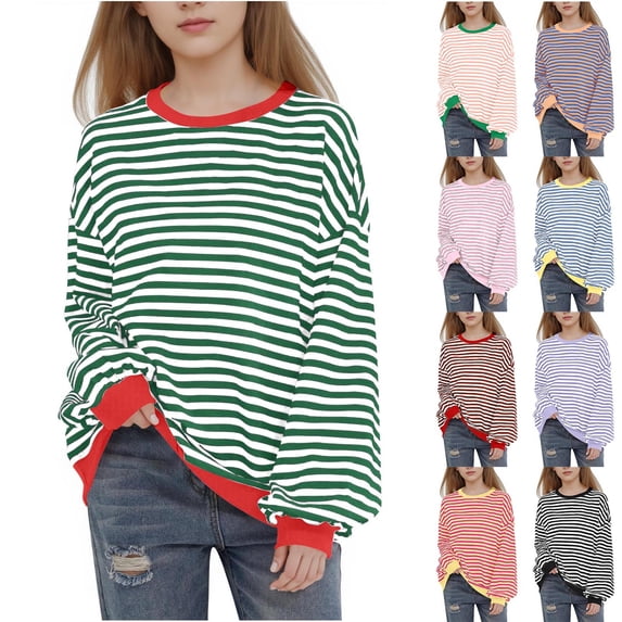 Girls Striped Crewneck Sweatshirt Kids Long Sleeve Oversized Pullover Tops Fashion Spring Fall Shirts for 1-12 Years