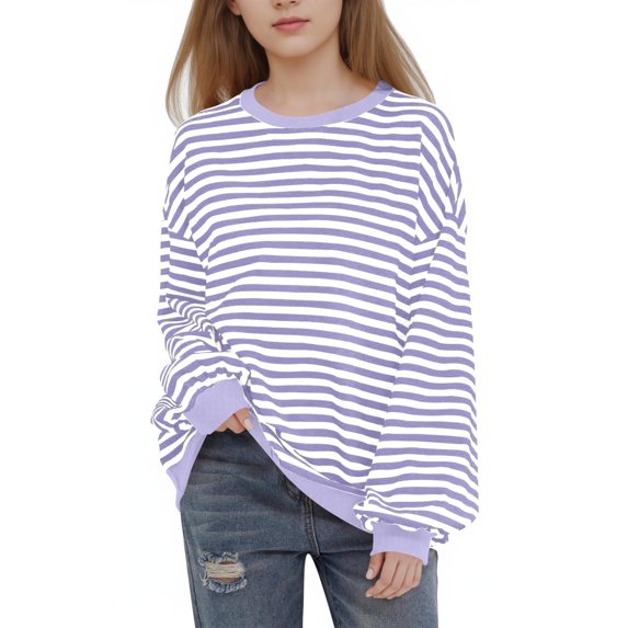 Girls Striped Crewneck Sweatshirt Kids Long Sleeve Oversized Pullover Tops Fashion Spring Fall Shirts for 1-12 Years