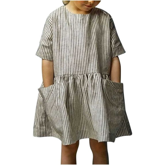 Girls Striped Dress Cotton Linen Beach Casual Loose Dress with Pockets Toddlers Short Sleeve Jersey Dress (3-4 Years, Gray)
