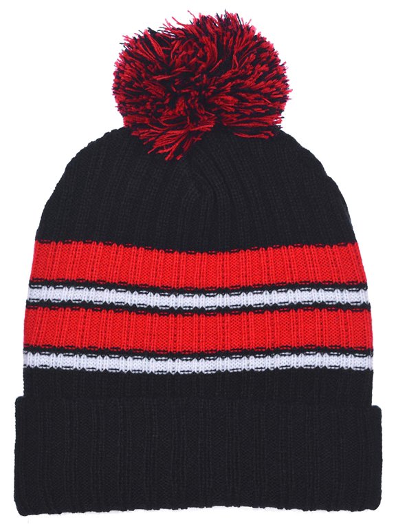 Girls Striped Knit Beanie Full Wrap Cuff & Top Pom 6 Color Combinations
