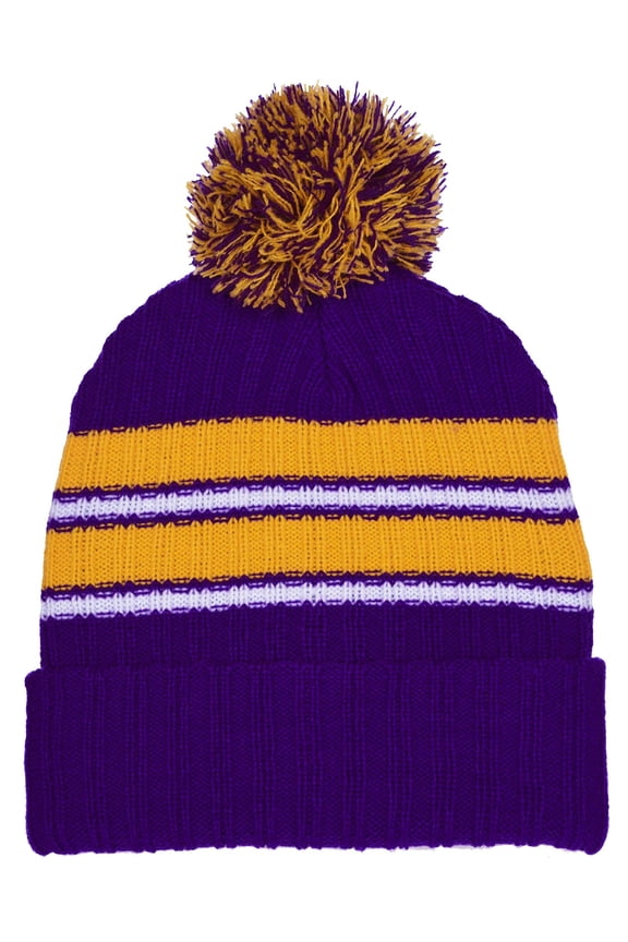 Girls Striped Knit Beanie Full Wrap Cuff & Top Pom 6 Color Combinations