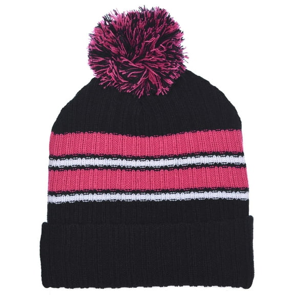 Girls Striped Knit Beanie Full Wrap Cuff & Top Pom 6 Color Combinations
