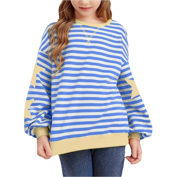 Girls Striped Long Sleeve Pullover Sweatshirt with Star Pattern on Sleeves Casual Loose Fit Crewneck Top for Daily Wear