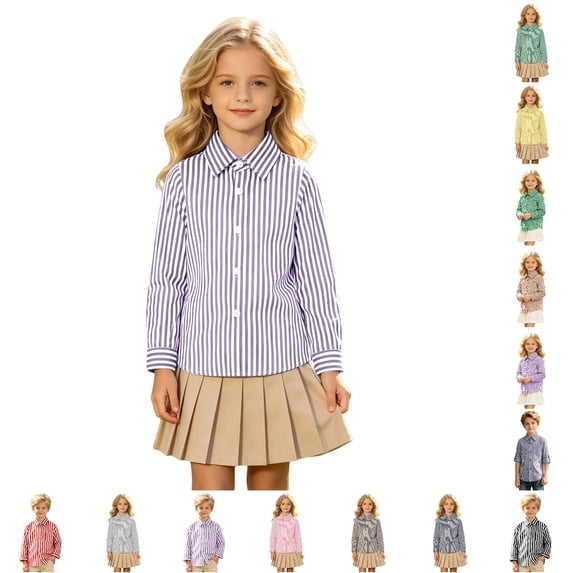Girls Striped Long Sleeve Shirts Boys Button Down Formal Uniform Collared Shirt with Chest Pocket Spring Fall Clothing 12-13 Years