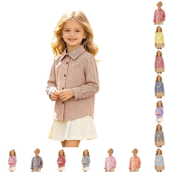 Girls Striped Long Sleeve Shirts Boys Button Down Formal Uniform Collared Shirt with Chest Pocket Spring Fall Clothing 12-13 Years