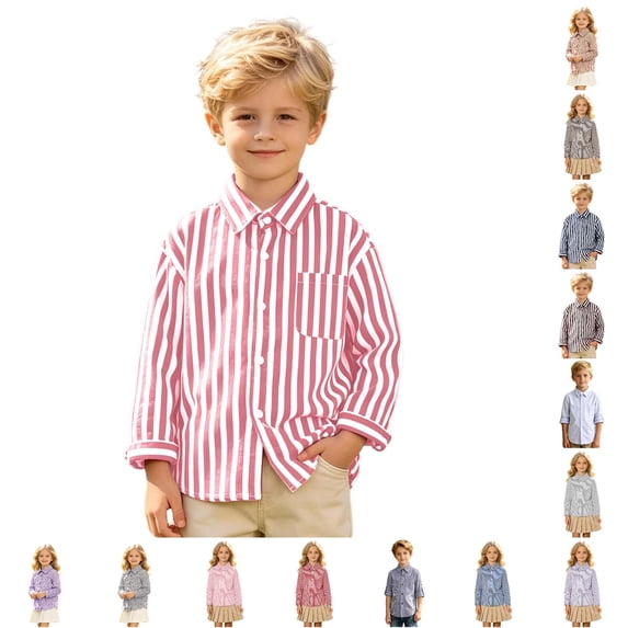 Girls Striped Long Sleeve Shirts Boys Button Down Formal Uniform Collared Shirt with Chest Pocket Spring Fall Clothing 4T