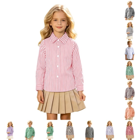 Girls Striped Long Sleeve Shirts Boys Button Down Formal Uniform Collared Shirt with Chest Pocket Spring Fall Clothing 6-7 Years