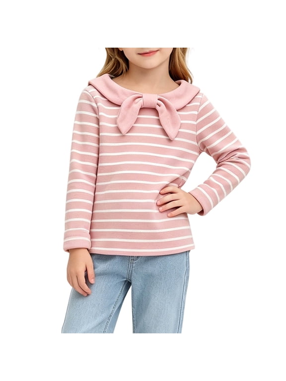 Girls Striped Mock Neck Shirt Bow Collar Long Sleeve Basic Layer Tee Kids Soft Cute Casual Bottom Tops Pink 2-3 Years