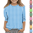 thumbnail image 1 of Girls Striped Print 3/4 Sleeve Shirts Summer Trendy Casual Tshirts Loose Fit Lightweight Crewneck Tee Soft Comfy Tops Blue 120, 1 of 5