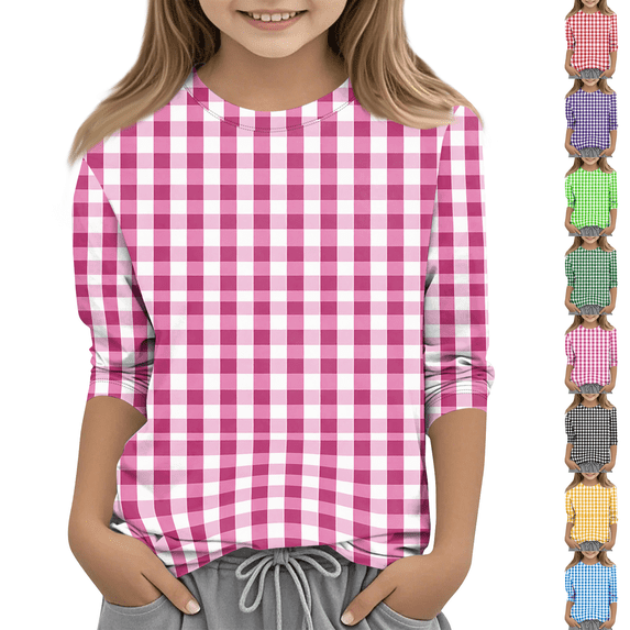 Girls Striped Print 3/4 Sleeve Shirts Summer Trendy Casual Tshirts Loose Fit Lightweight Crewneck Tee Soft Comfy Tops Hot Pink 110