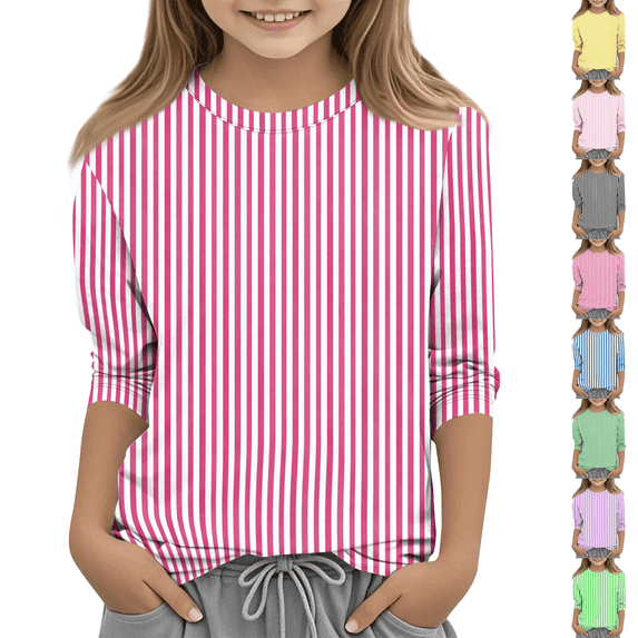 Girls Striped Print 3/4 Sleeve Shirts Summer Trendy Casual Tshirts Loose Fit Lightweight Crewneck Tee Soft Comfy Tops Hot Pink 160