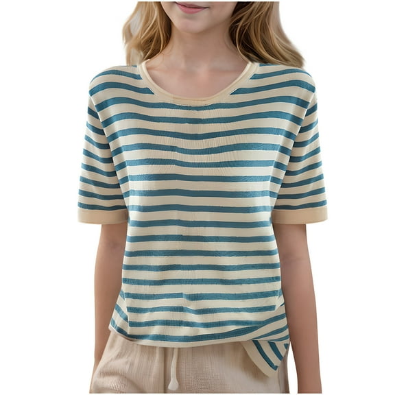 Girls Striped Print Short Sleeve Tops Casual Crewneck Loose Shirts Big Kids Comfy Vacation T-Shirt Trendy Preppy Clothes