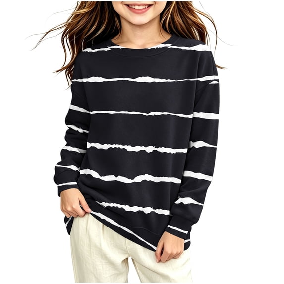 Girls Striped Print Sweatshirt Loose Fit Crew Neck Long Sleeve Pullover Tops Kids Casual Versatile Sweatshirts Back To School Clothes 4-14Years