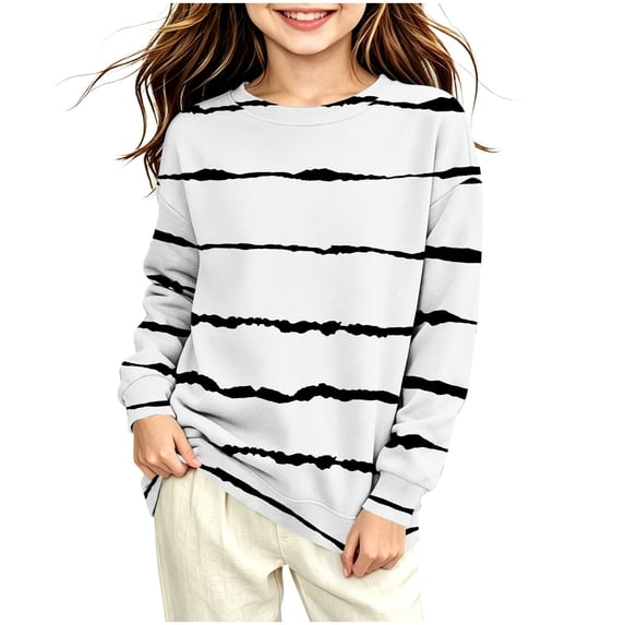 Girls Striped Print Sweatshirt Loose Fit Crew Neck Long Sleeve Pullover Tops Kids Casual Versatile Sweatshirts Back To School Clothes 4-14Years