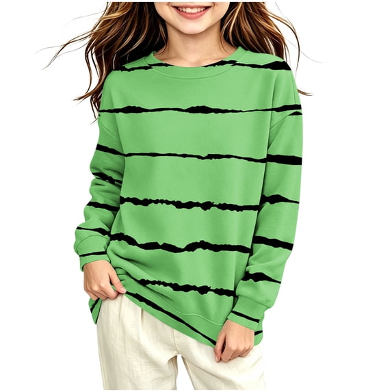 Girls Striped Print Sweatshirt Loose Fit Crew Neck Long Sleeve Pullover Tops Kids Casual Versatile Sweatshirts Back To School Clothes 4-14Years