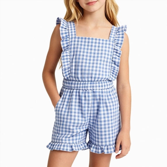 Girls Striped Romper Overall With Ruffle Trim Fashion Crewneck Playsuit For Summer With Pockets Jumpsuits Cute One-Pieces 2T 3T 4T 5T 6T 7T 8T 9T 10T Girls Outfits,Light Blue,9-10 Years