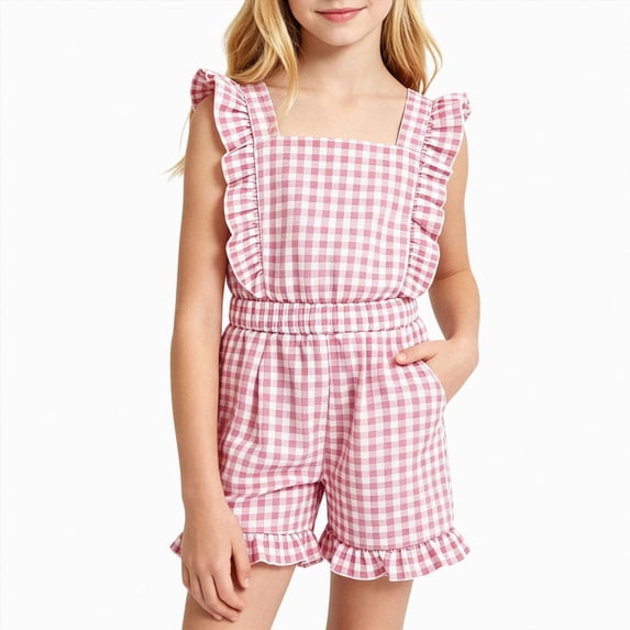 Girls Striped Romper Overall With Ruffle Trim Fashion Crewneck Playsuit For Summer With Pockets Jumpsuits Cute One-Pieces 2T 3T 4T 5T 6T 7T 8T 9T 10T Girls Outfits,Pink,13-14 Years