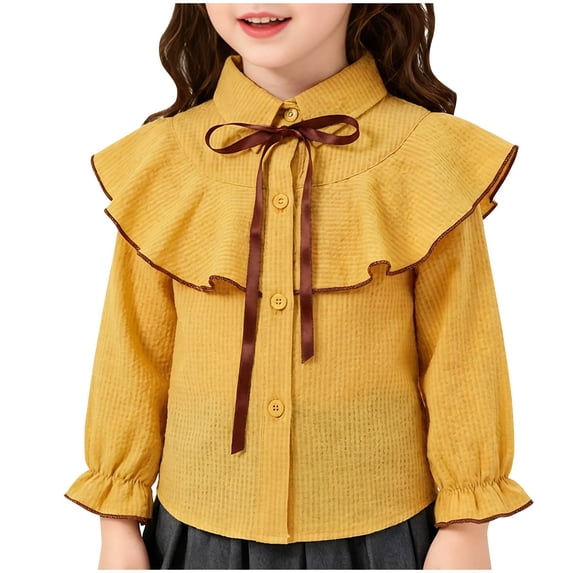 Girls' Striped Ruffled Shirt Long Sleeve Collared Cute Bow Blouse Casual Spring Summer Top for Playdates & School (2-12 Years)