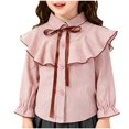 thumbnail image 1 of Girls' Striped Ruffled Shirt Long Sleeve Collared Cute Bow Blouse Casual Spring Summer Top for Playdates & School (2-12 Years), 1 of 6