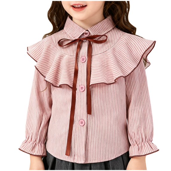 Girls' Striped Ruffled Shirt Long Sleeve Collared Cute Bow Blouse Casual Spring Summer Top for Playdates & School (2-12 Years)