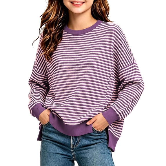 Girls Striped Sweater Cotton Knit Crew Neck Pullover Tops Girls Casual Fall Winter Clothes, 5-16