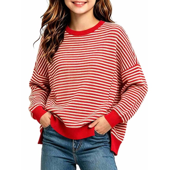 Girls Striped Sweater Cotton Knit Crew Neck Pullover Tops Girls Casual Fall Winter Clothes, 5-16
