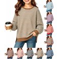 thumbnail image 1 of Girls Striped Sweatshirt Loose Fit Long Sleeve Pullover Crew Neck Knit Tops with Side Slit Casual Fall Winter Clothes, 1 of 8