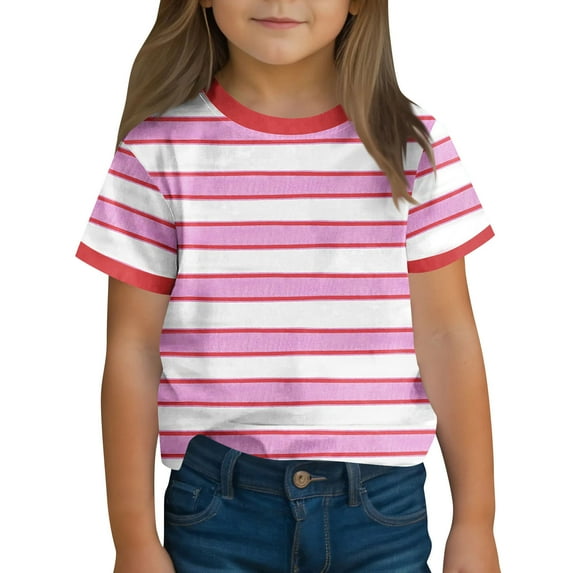 Girls Striped Tops Short Sleeve Cozy Cotton Soft Tshirts Crewneck Base Casual Tee Loose Fit Summer Clothes (4 Years, Red A)