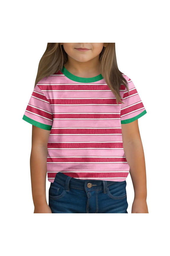 Girls Striped Tops Short Sleeve Cozy Cotton Soft Tshirts Crewneck Base Casual Tee Loose Fit Summer Clothes (9 Years, Hot Pink A)