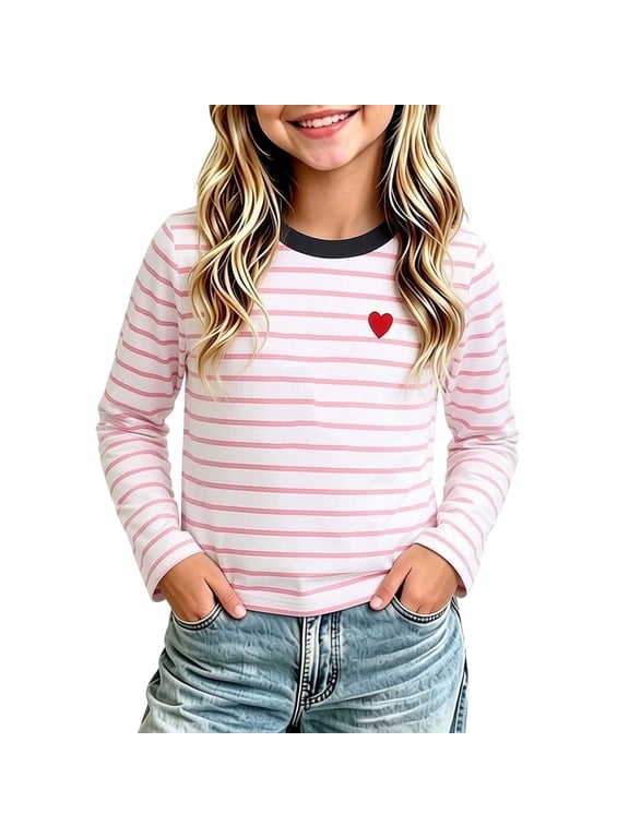 Girls Striped Tshirts Long Sleeve Going Out Tops Fall Crew Neck Layering Pullover Shirts Pink, Size 3 Y