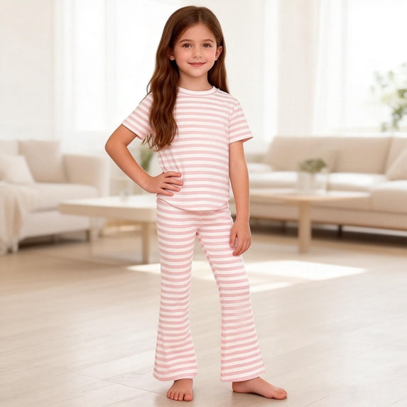 Girls' Striped Two-Piece Short Sleeved T-Shirt, Flared Pants, Fashionable Casual Set With Pockets Sizes 1-9