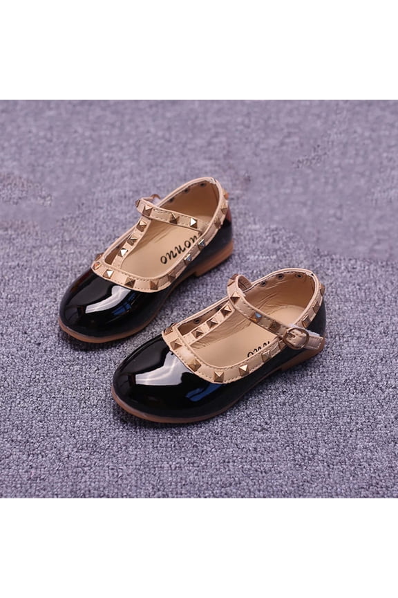 Girls Studded Mary Jane Flats Patent Faux Leather Buckle Strap Soft Sole Kids Little Kid Dress Shoes Party Wedding Black Comfortable,Size 31