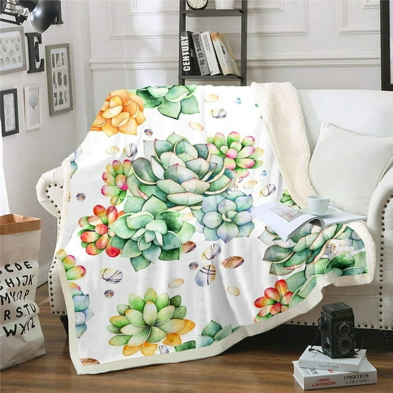 Girls Succulents Blanket Throw, Watercolour Potted Plants Petal Botanical Garden Theme Sherpa Blanket for Kids Women, Decorative Sofa Fleece Blanket Ultra Soft, Baby 30"x40", Green Red