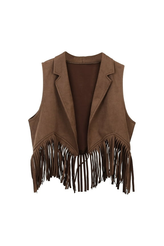 Girls Suede Fringe Vest 70s Hippie Sleeveless Jacket Outerwear Western Cowgirl Tassel Cardigan Brown 11-12 Years